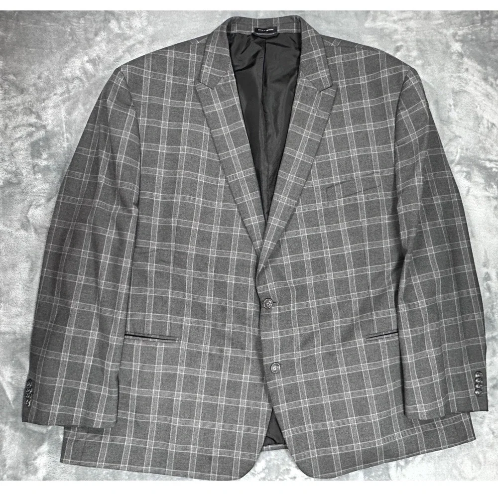Sean John Mens Gray Plaid Two Button Blazer Sport Coat Jacket 52 Chest